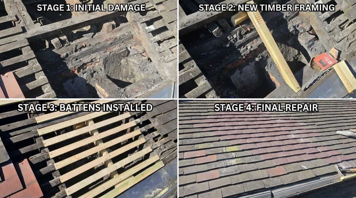 Roof repair stages showing damage, timber framing, battens, and final finish.